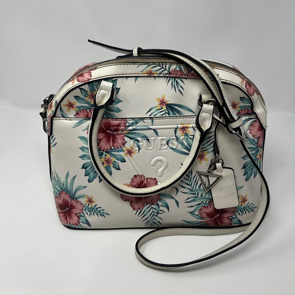 Guess Handbags - GUESS White Floral Tropical Hibiscus Dome Satchel Crossbody Bag Silver Hardware